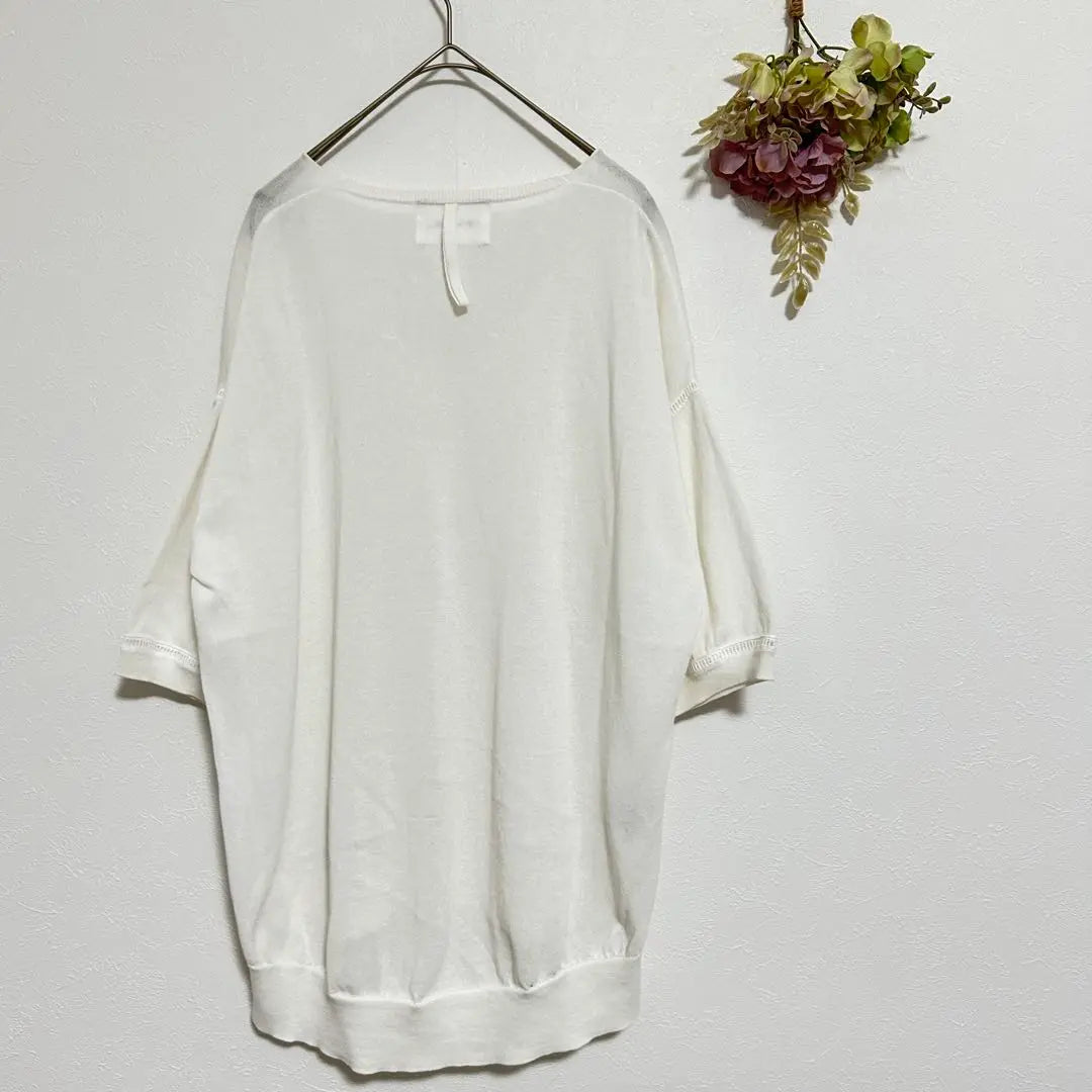 Page V-neck short sleeve knit, white, size L, thin, transparent, cotton