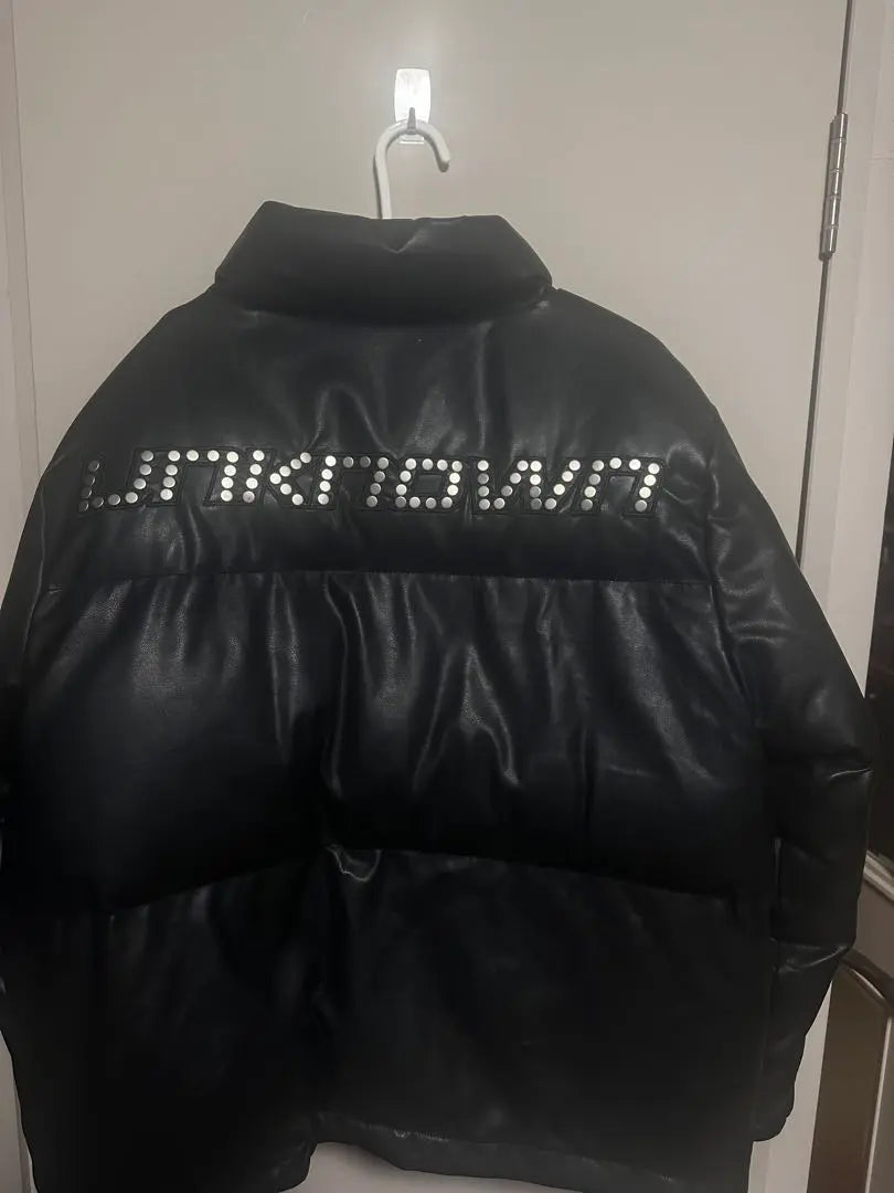 UNKNOWN Black Leather Down Jacket with Studs Metal Silver