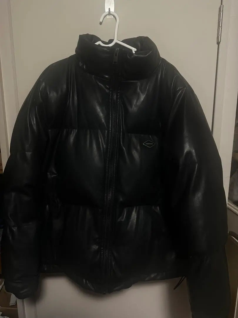 UNKNOWN Black Leather Down Jacket with Studs Metal Silver