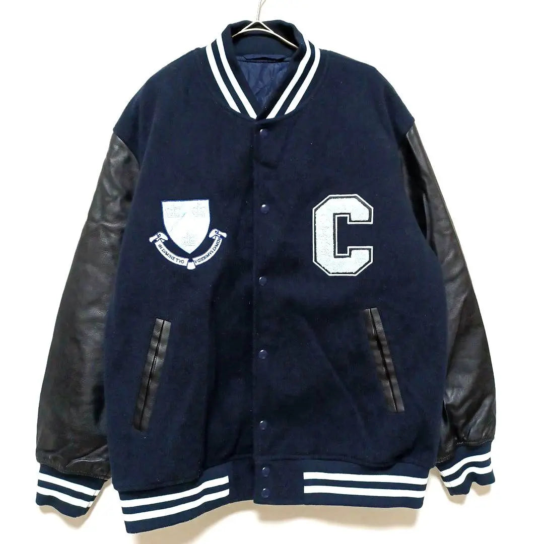 1☆ Staff jacket, navy blue, beautiful condition, L, Columbia University logo patch, sleeve leather, outerwear