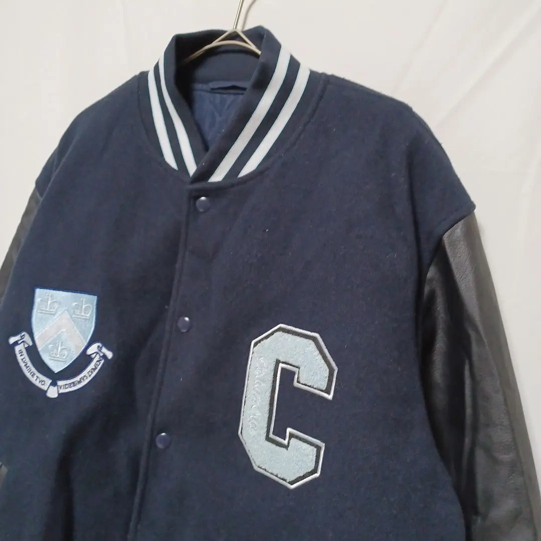 1☆ Staff jacket, navy blue, beautiful condition, L, Columbia University logo patch, sleeve leather, outerwear