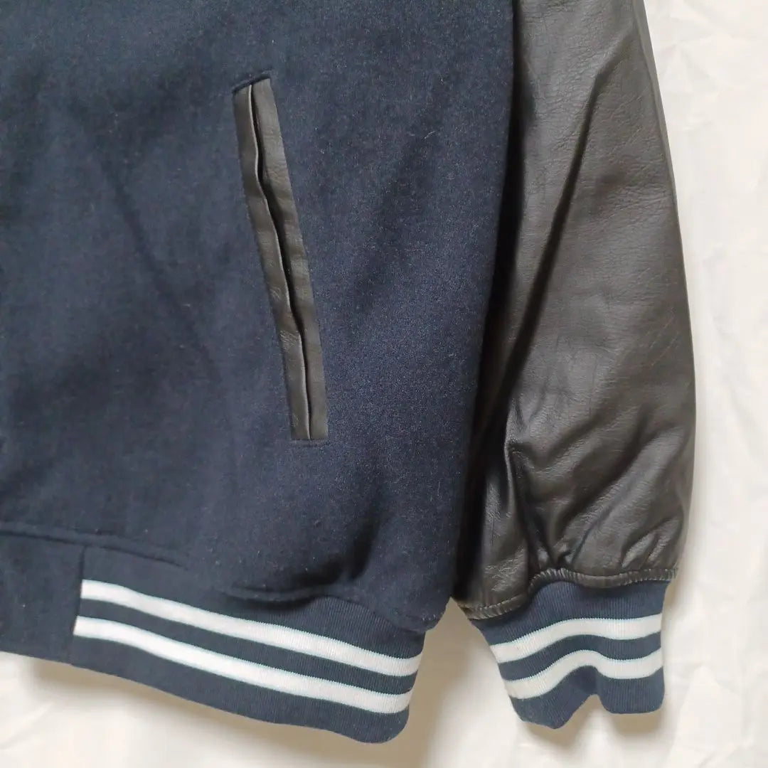 1☆ Staff jacket, navy blue, beautiful condition, L, Columbia University logo patch, sleeve leather, outerwear