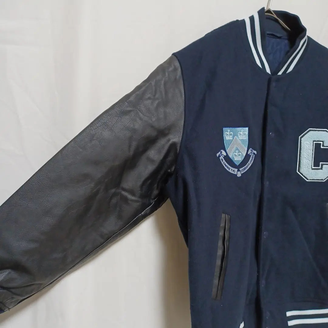 1☆ Staff jacket, navy blue, beautiful condition, L, Columbia University logo patch, sleeve leather, outerwear