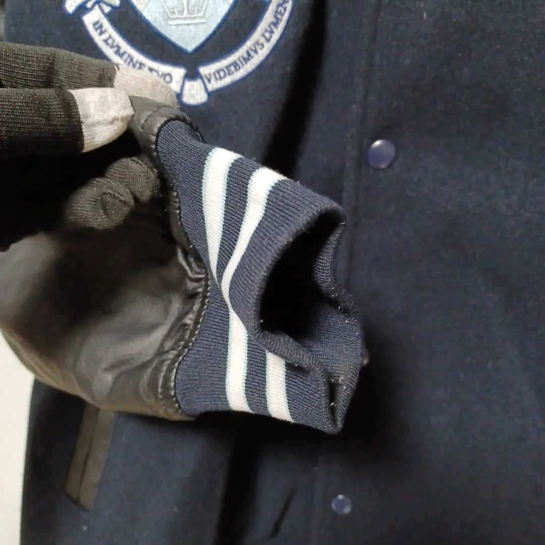 1☆ Staff jacket, navy blue, beautiful condition, L, Columbia University logo patch, sleeve leather, outerwear