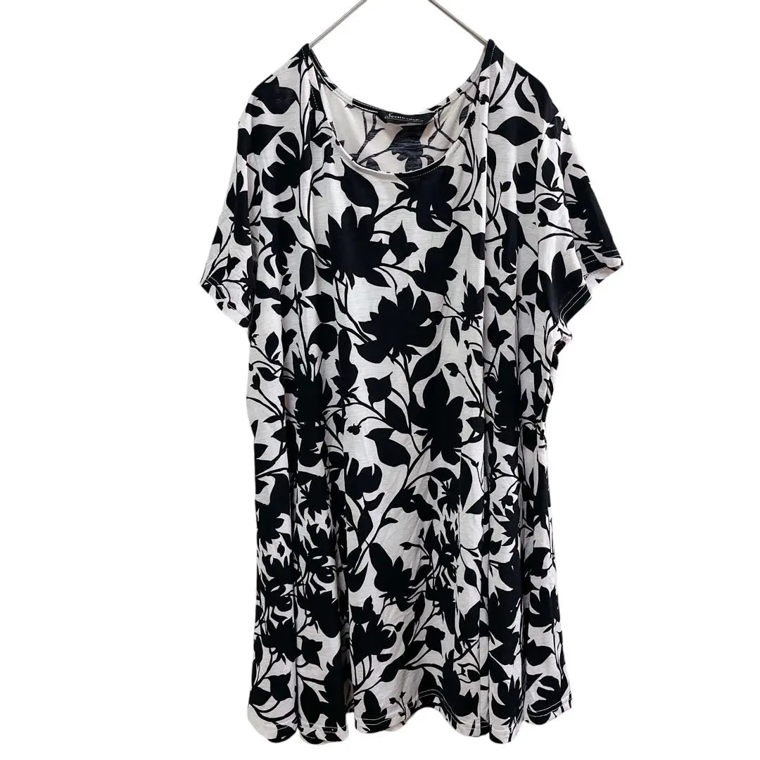 [Francaise] Women's Tunic Short Sleeve All-over Pattern 4L White ✖️ Black Large