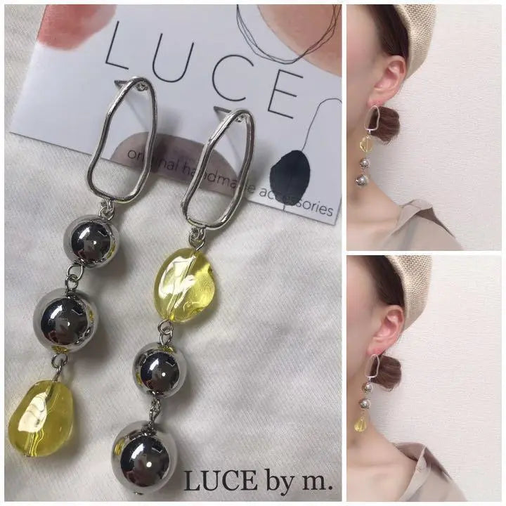 402 Clear Yellow Silver Ball Asymmetric Earrings Fashionable Unique