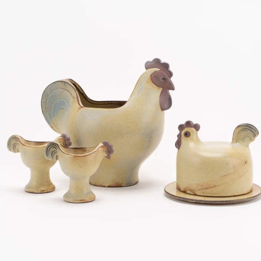 Lisa Larson - Complete Set of Chicken Egg Cups, Large and Small, Butter Case