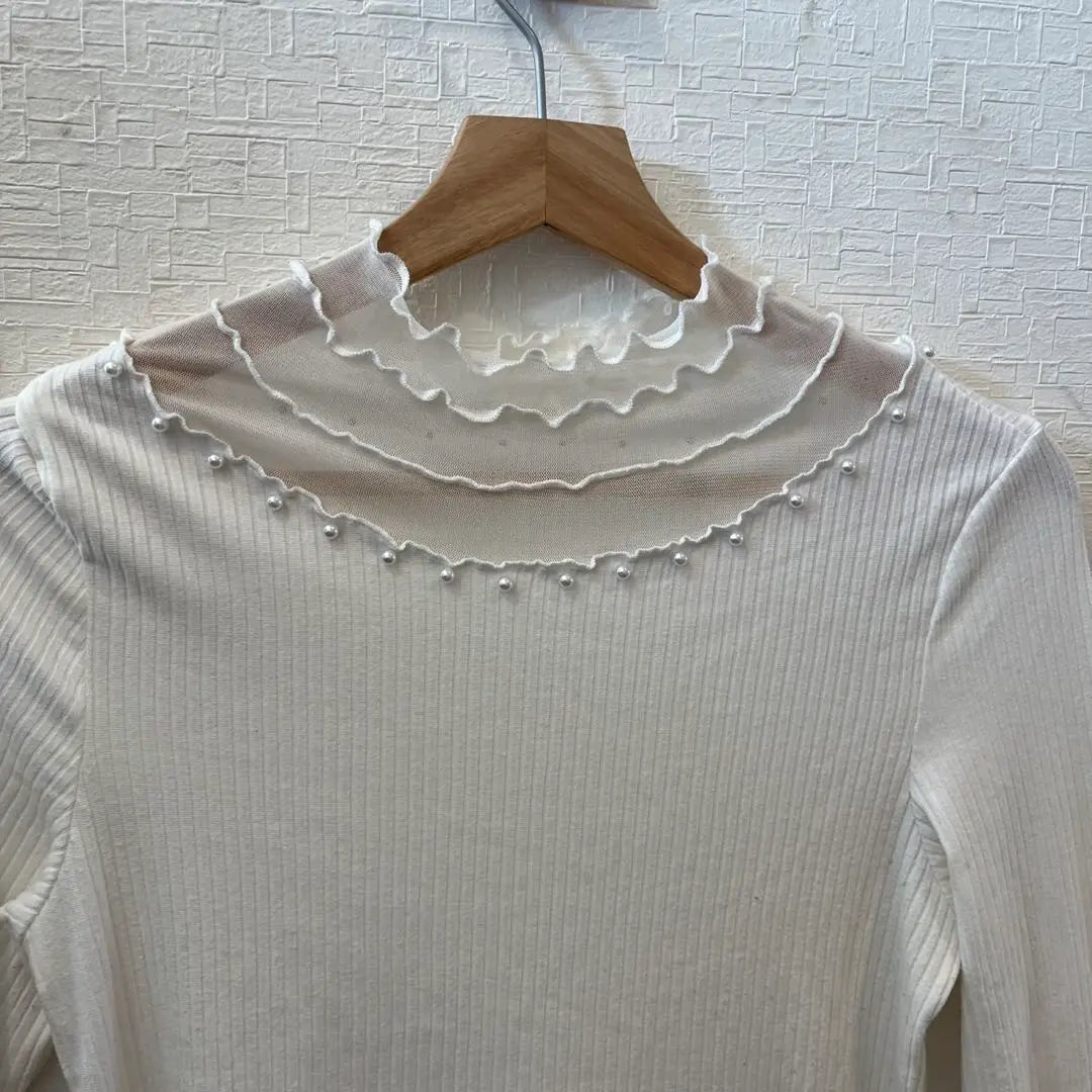 Women's Knit, Ruffle neck, Frilled sleeves, White, Long sleeves, Decoration, F | レディース　ニット　フリルネック フリル袖　ホワイト 長袖　装飾　F