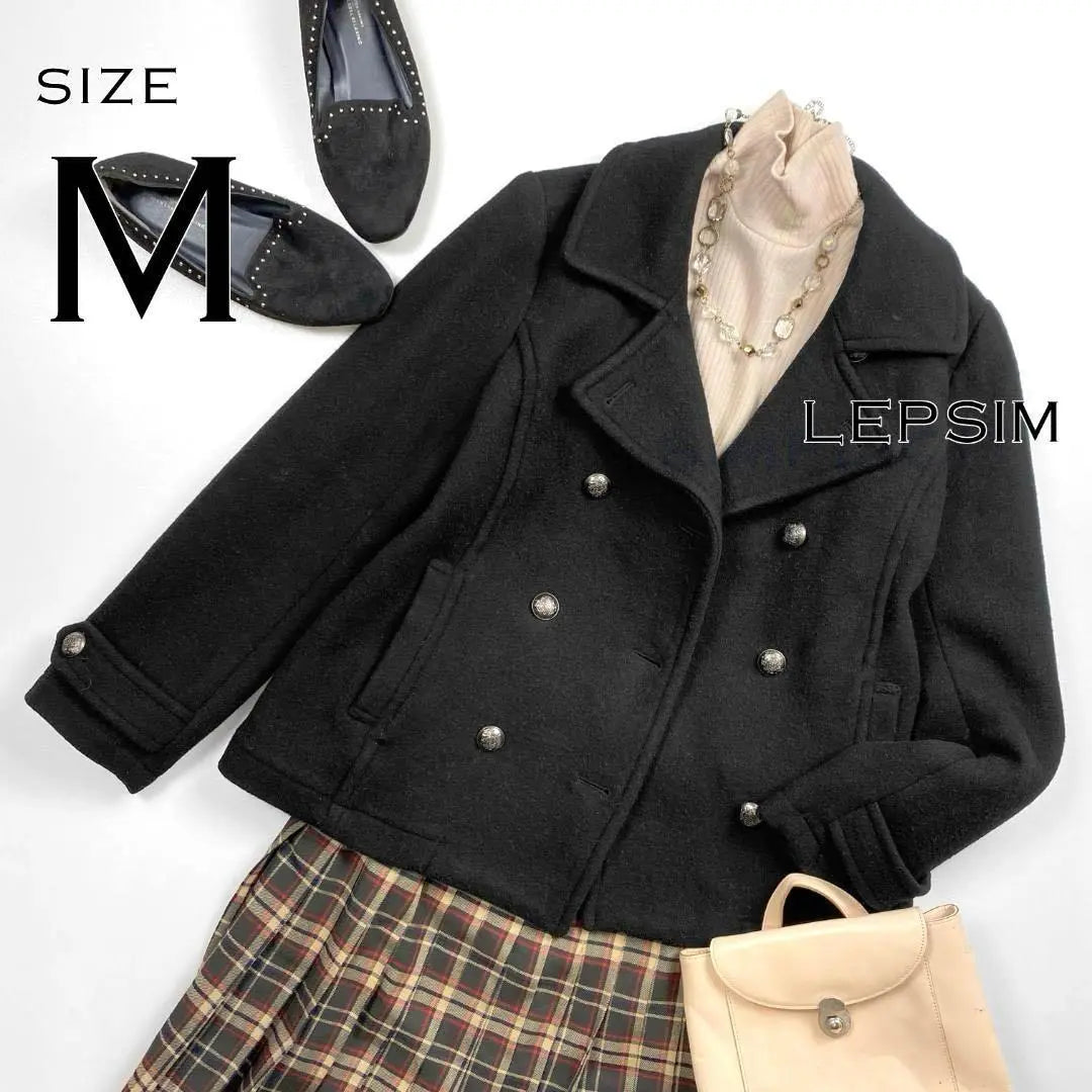 LEPSIM wool blend tartan plaid lining gold button pea coat M black