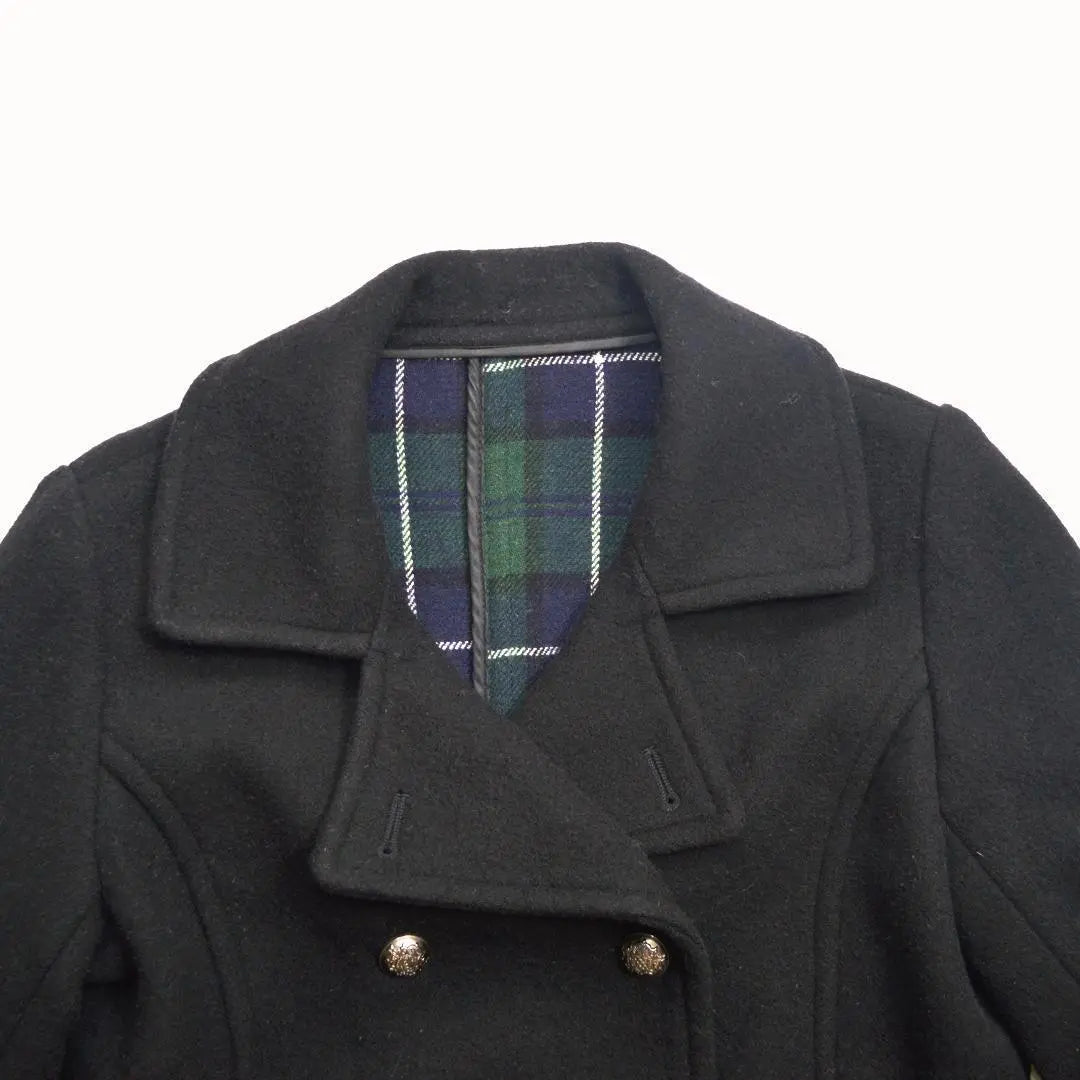 LEPSIM wool blend tartan plaid lining gold button pea coat M black