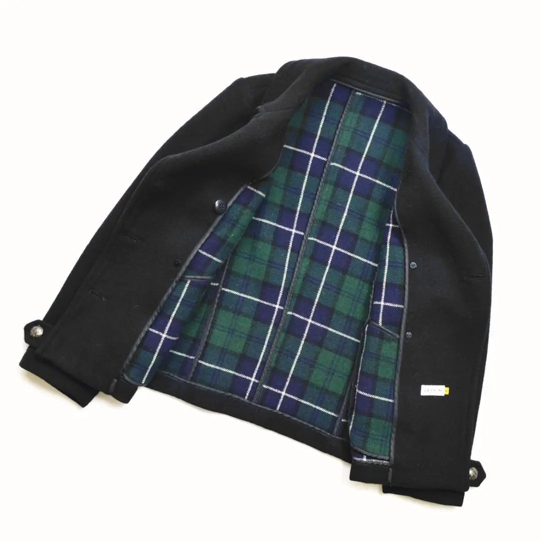 LEPSIM wool blend tartan plaid lining gold button pea coat M black