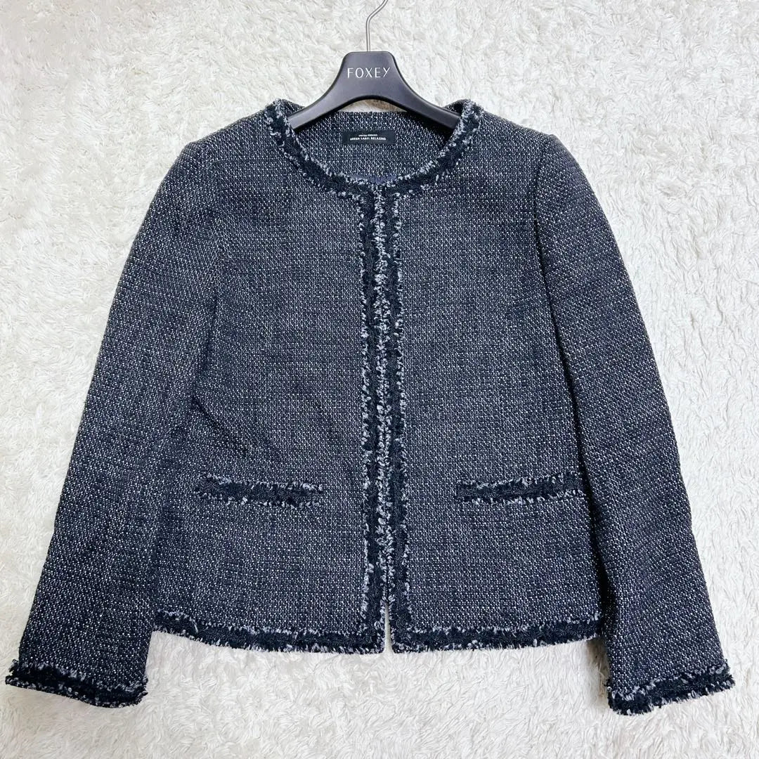 Productos hermosos ✨ Chaqueta de tweed mixta de seda lila con etiqueta verde Sin color | 美品✨ グリーンレーベルリラクシング シルク混 ツイードジャケット ノーカラー