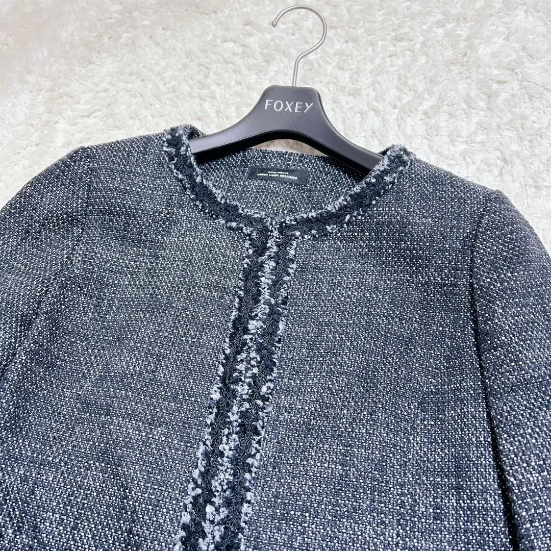 Productos hermosos ✨ Chaqueta de tweed mixta de seda lila con etiqueta verde Sin color | 美品✨ グリーンレーベルリラクシング シルク混 ツイードジャケット ノーカラー