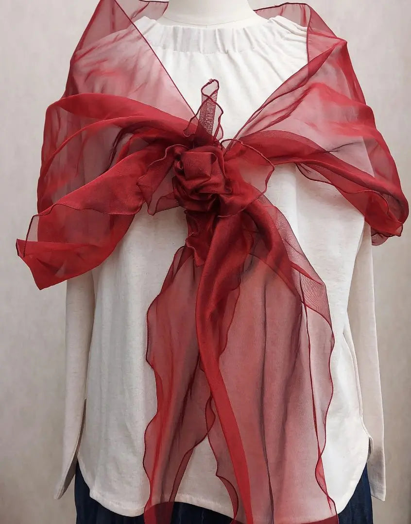 Red chiffon shawl with ribbon