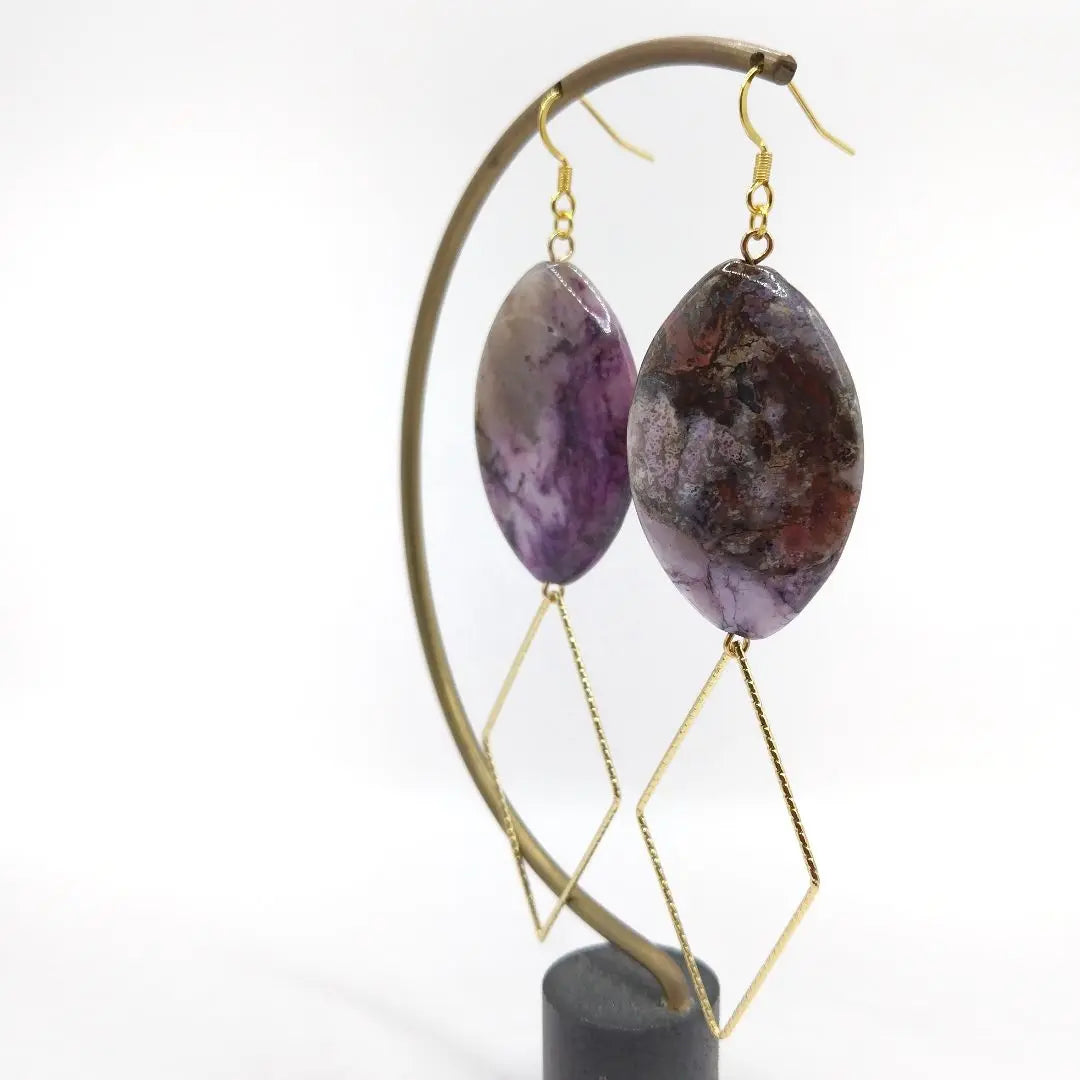 No.2500 Large natural stone and gold hoop hanging earrings