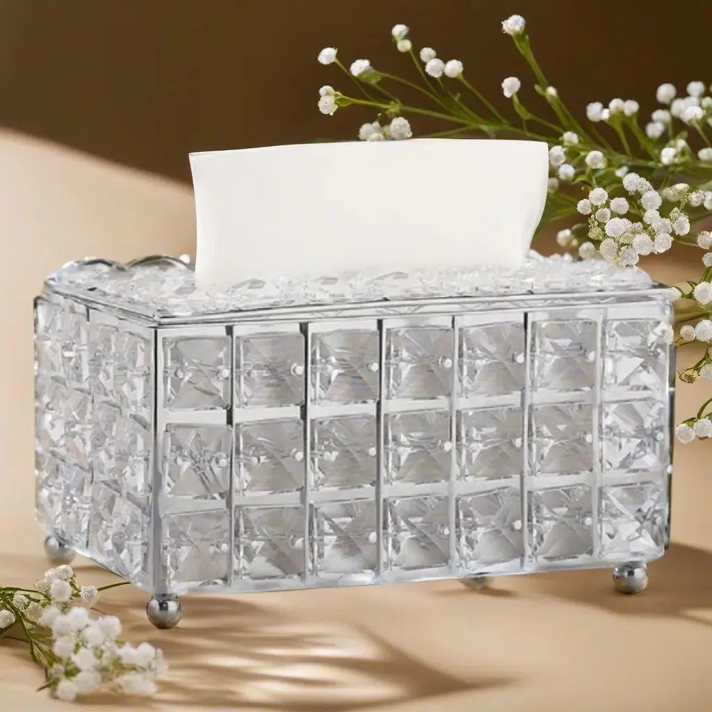 Luxurious sparkling crystal tissue case and holder, silver color