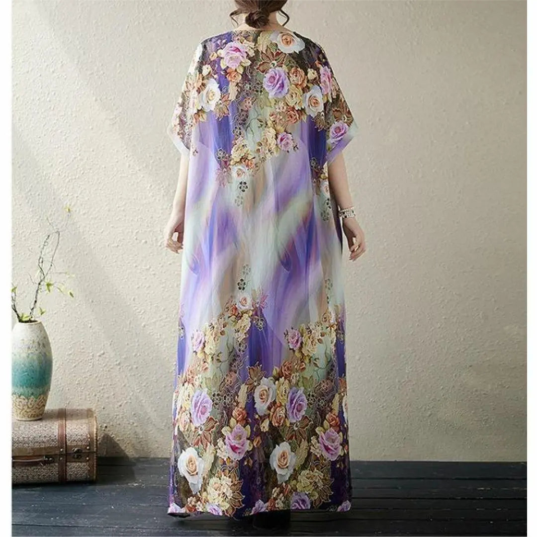 [Large size] Women's long dress, spring, summer, autumn, new, short sleeves, floral pattern