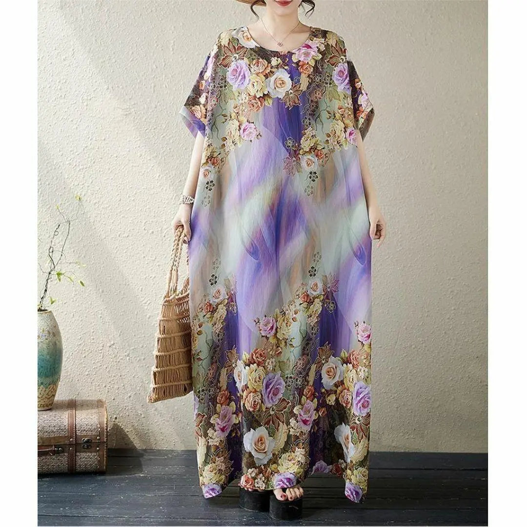 [Large size] Women's long dress, spring, summer, autumn, new, short sleeves, floral pattern