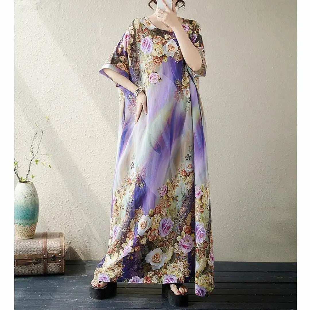 [Large size] Women's long dress, spring, summer, autumn, new, short sleeves, floral pattern