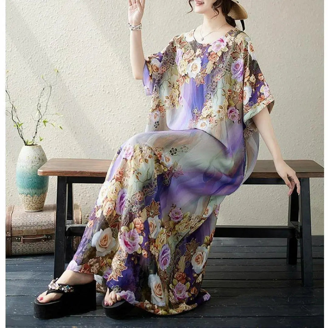 [Large size] Women's long dress, spring, summer, autumn, new, short sleeves, floral pattern