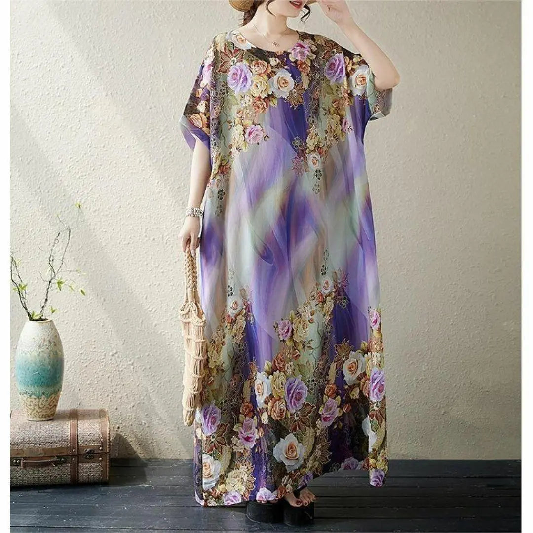 [Large size] Women's long dress, spring, summer, autumn, new, short sleeves, floral pattern