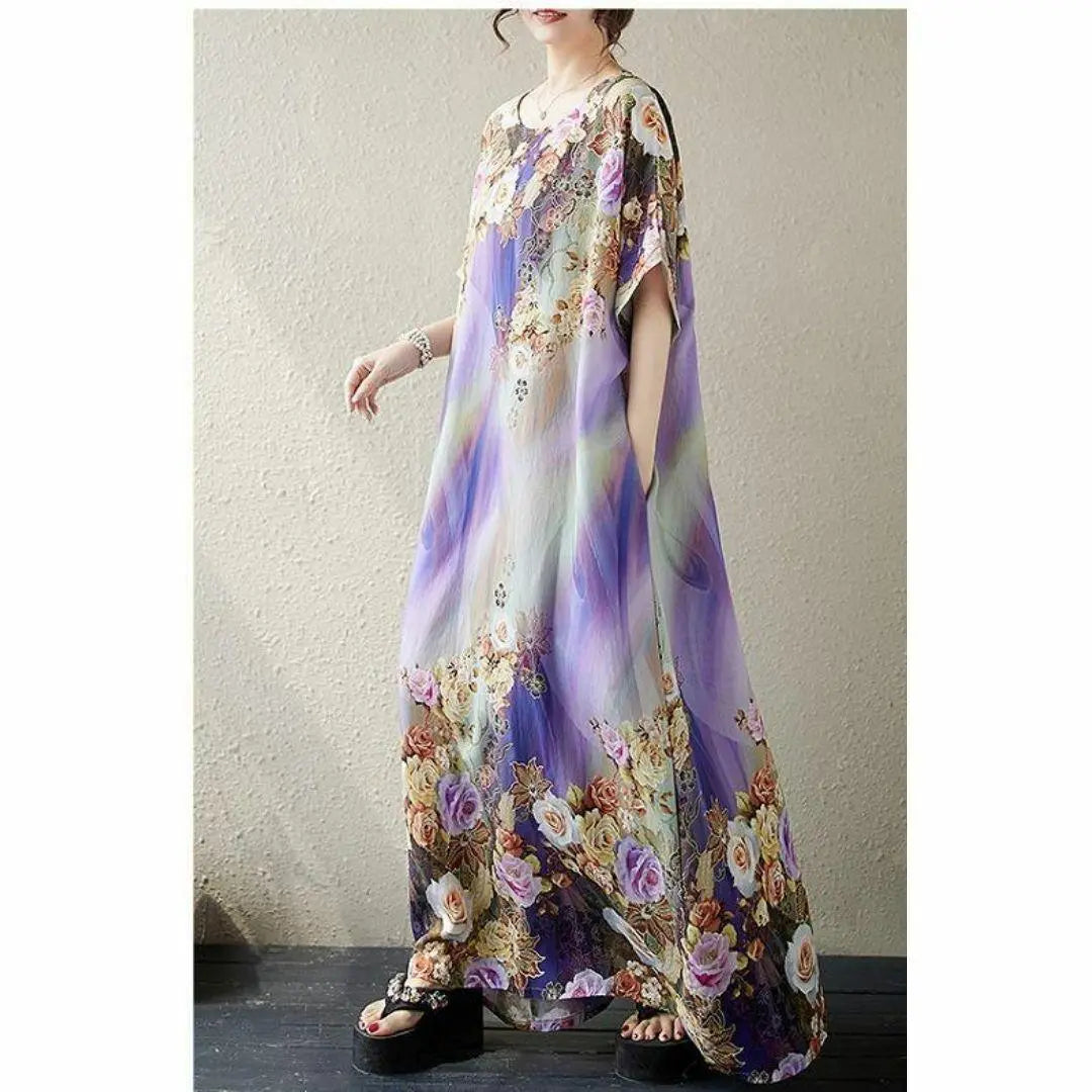 [Large size] Women's long dress, spring, summer, autumn, new, short sleeves, floral pattern