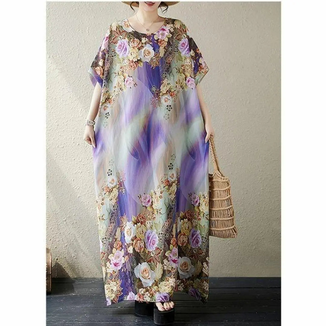 [Large size] Women's long dress, spring, summer, autumn, new, short sleeves, floral pattern