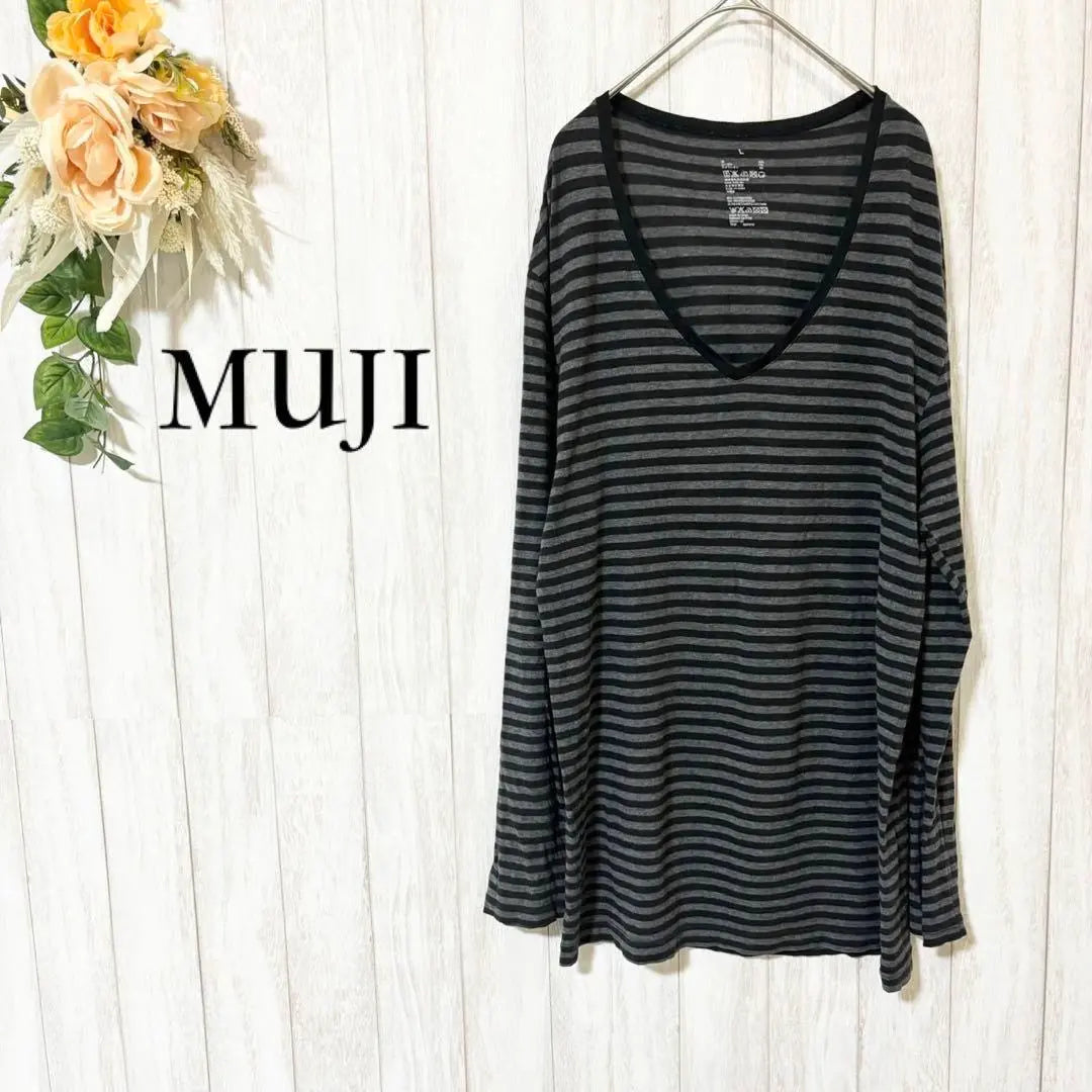 ♦MUJI♦Vestido de corte y costura de manga larga con estampado de rayas y escote en V<l> T larga</l>