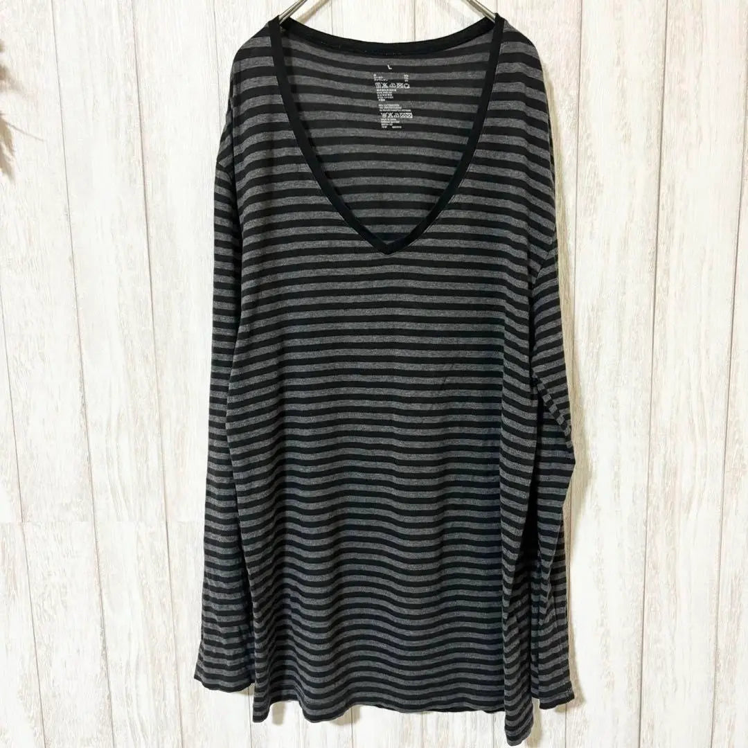 ♦MUJI♦V-neck striped pattern long sleeve cut-and-sew <L> Long T