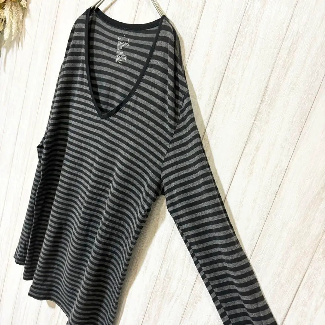 ♦MUJI♦V-neck striped pattern long sleeve cut-and-sew <L> Long T