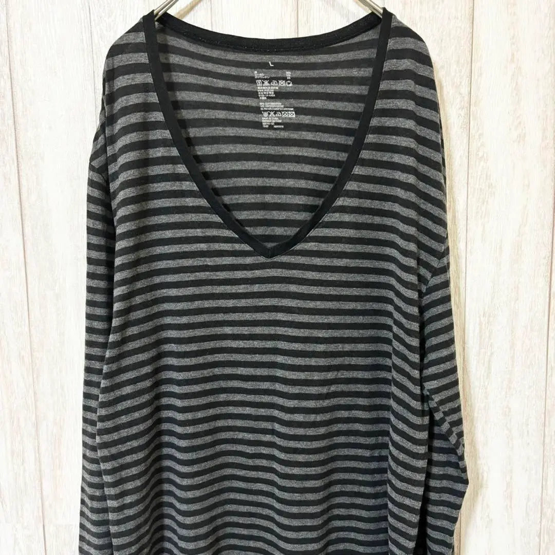 ♦MUJI♦V-neck striped pattern long sleeve cut-and-sew <L> Long T