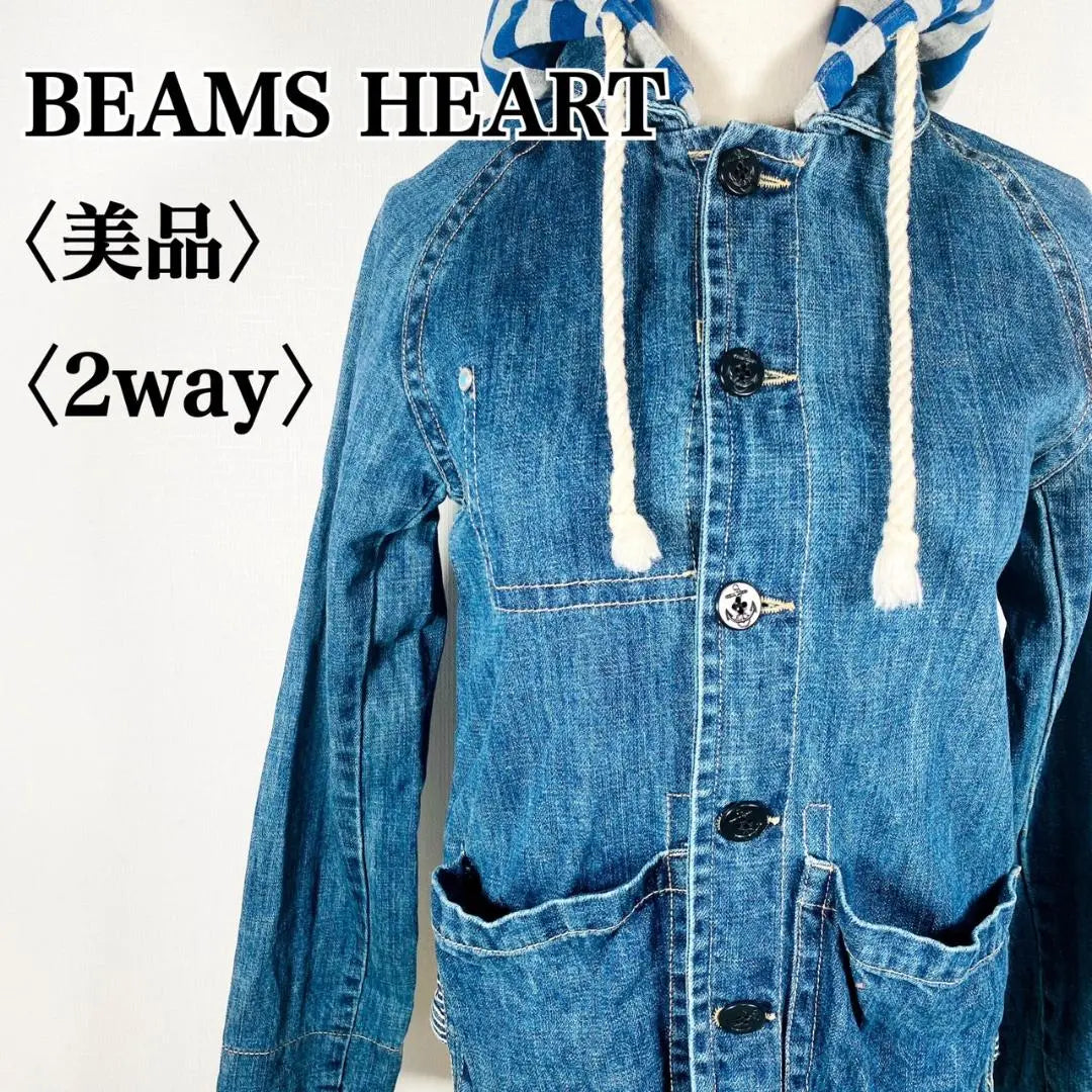 [Good condition] Beams Heart 100% cotton anchor button 2-way hoodie denim jacket