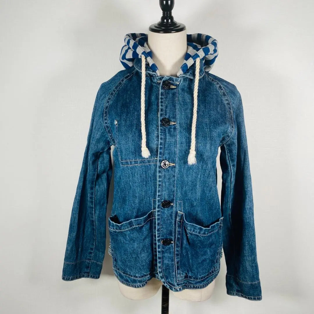 [Good condition] Beams Heart 100% cotton anchor button 2-way hoodie denim jacket