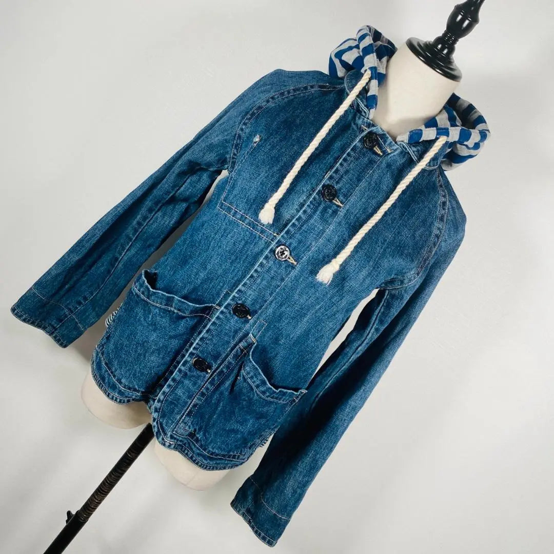 [Good condition] Beams Heart 100% cotton anchor button 2-way hoodie denim jacket