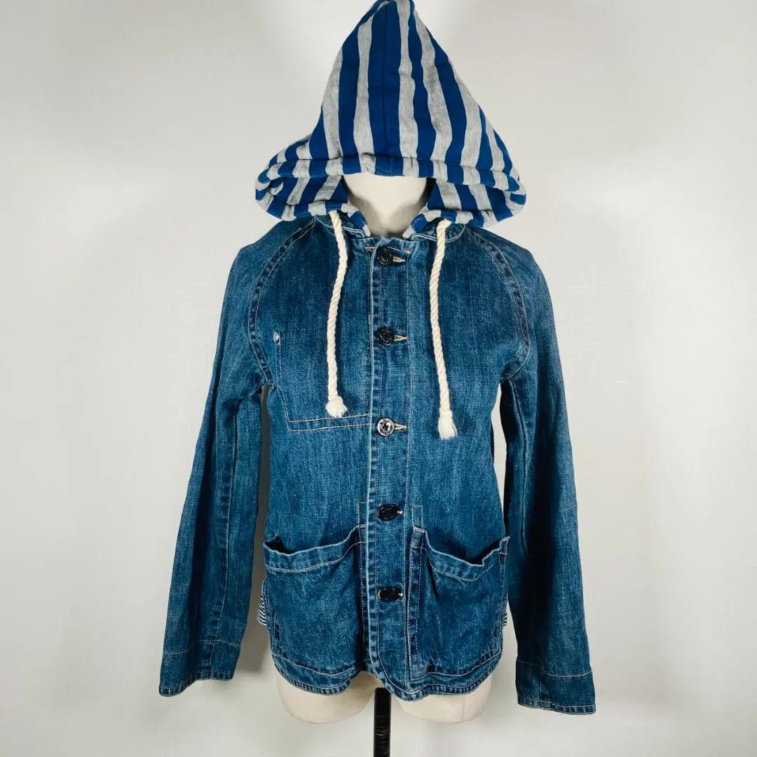 [Good condition] Beams Heart 100% cotton anchor button 2-way hoodie denim jacket