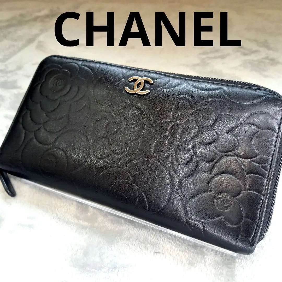 Hermosos productos ✨ Cartera larga CHANEL serie 14 Piel de cordero Camelia negra Cordero Tierra Cremallera