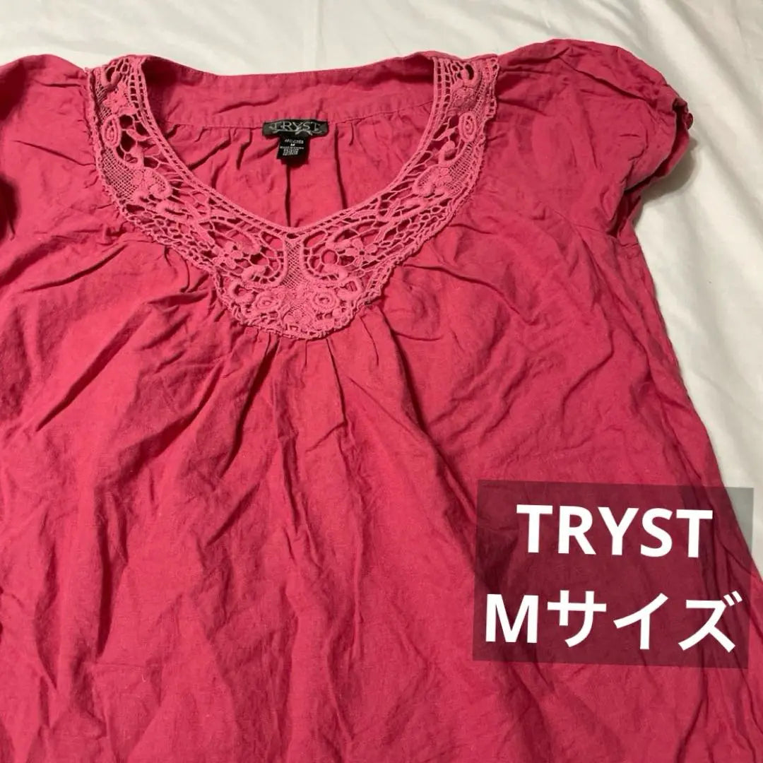 TRYST Tunic V-neck Lace Blouse Crochet Short Sleeve Women