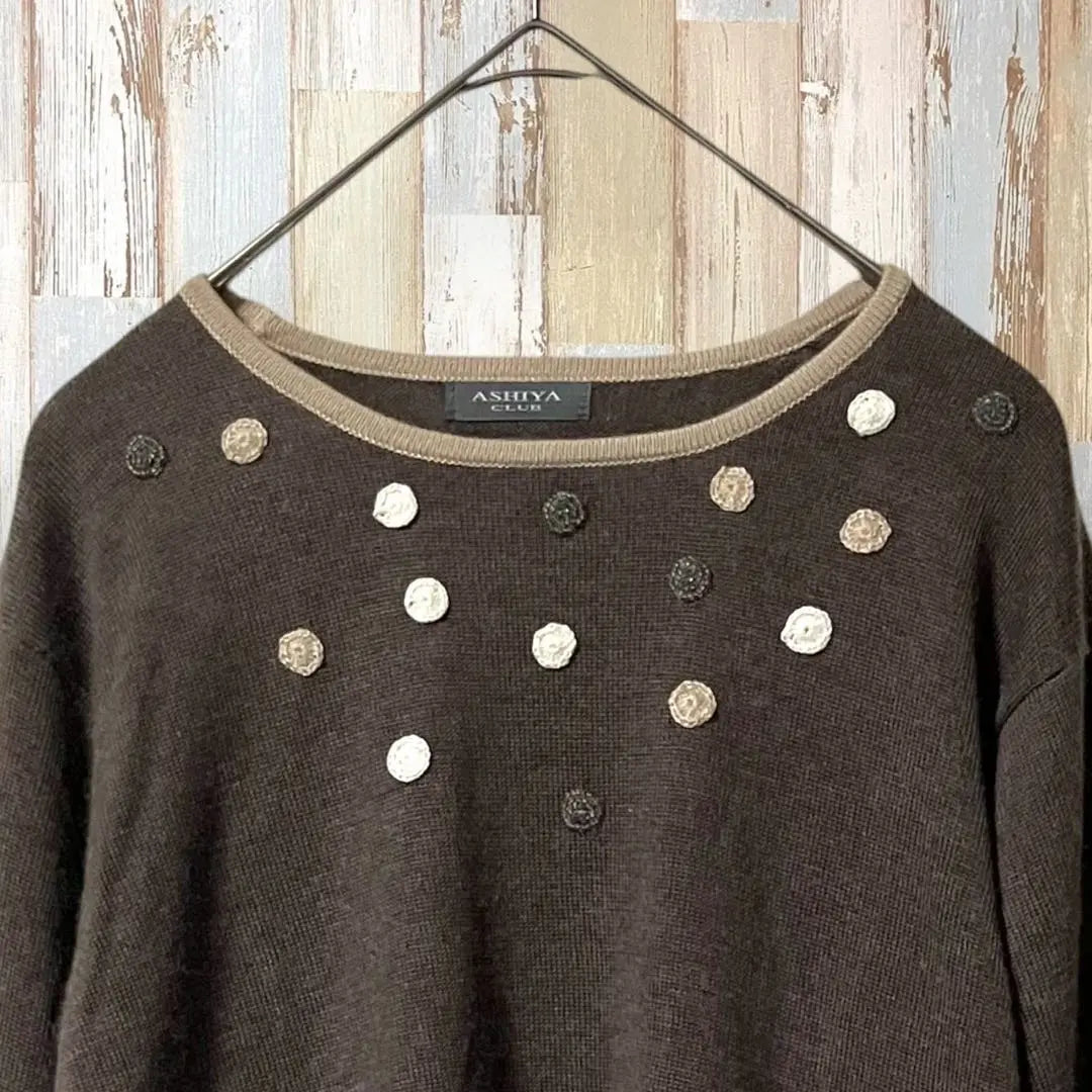 Asia Club Silk Cashmere Blend Short Sleeve Knit Brown M Dot Decoration Beads