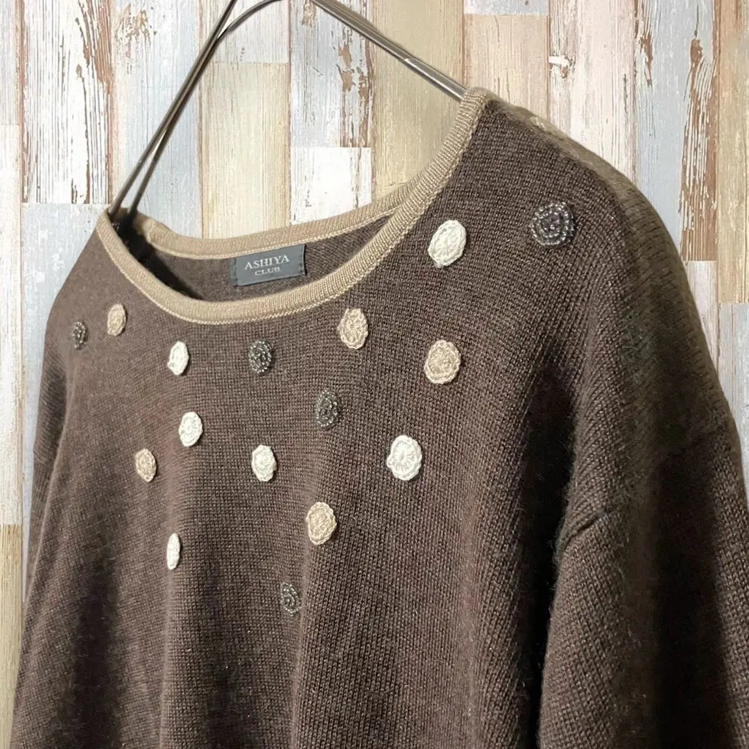 Asia Club Silk Cashmere Blend Short Sleeve Knit Brown M Dot Decoration Beads