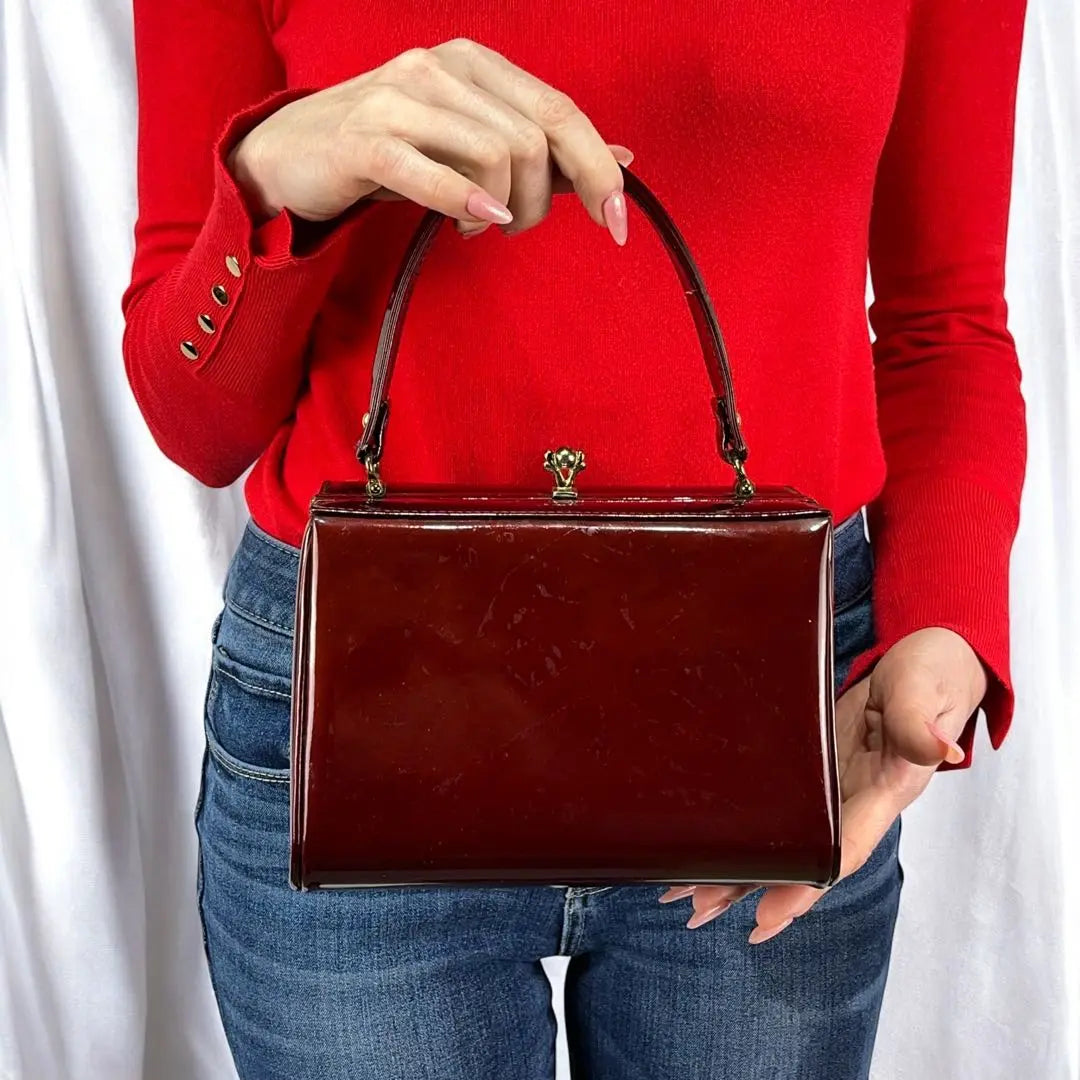 Enamel deep red box-shaped handbag Showa retro