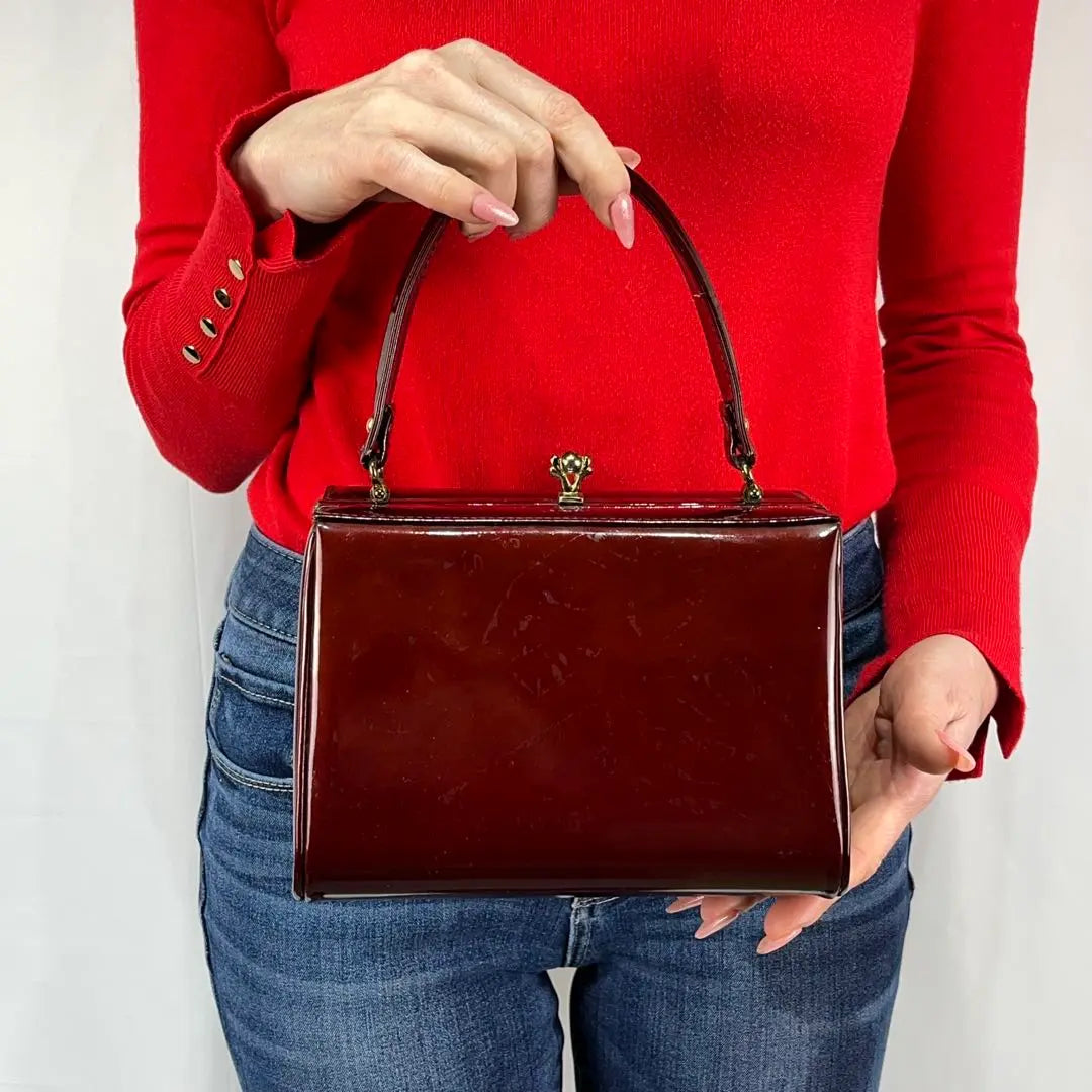 Enamel deep red box-shaped handbag Showa retro