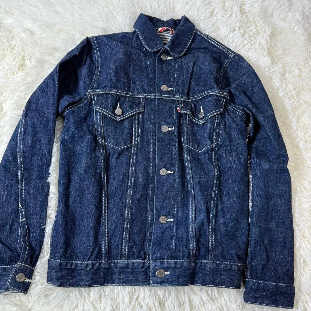 limhlicite jean jacket, denim, button engraved, both chest pockets, rear hem buttons