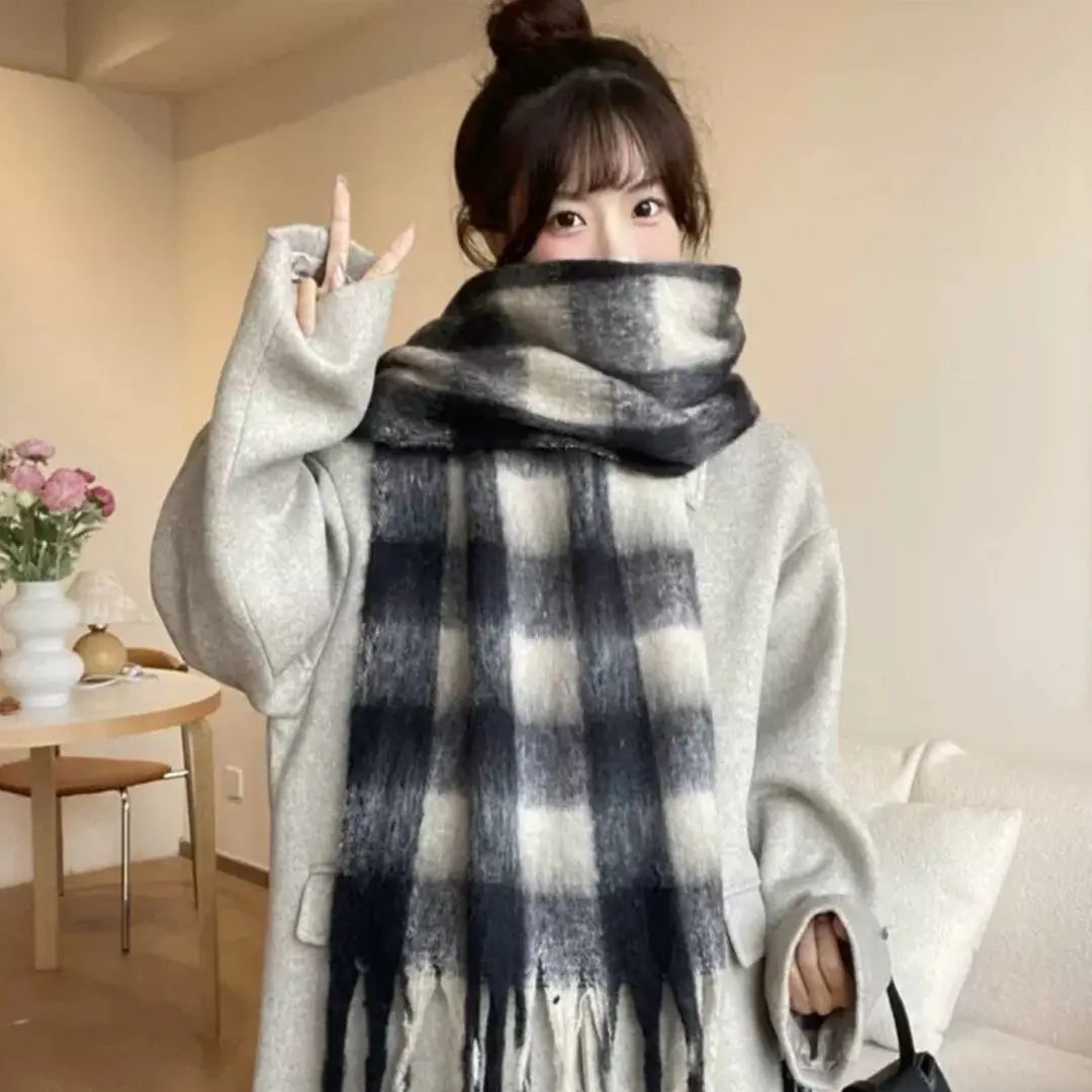 Checkered Scarf for Women Blanket Cold Protection Large White Black Stylish