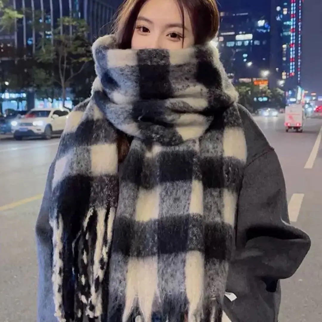 Checkered Scarf for Women Blanket Cold Protection Large White Black Stylish