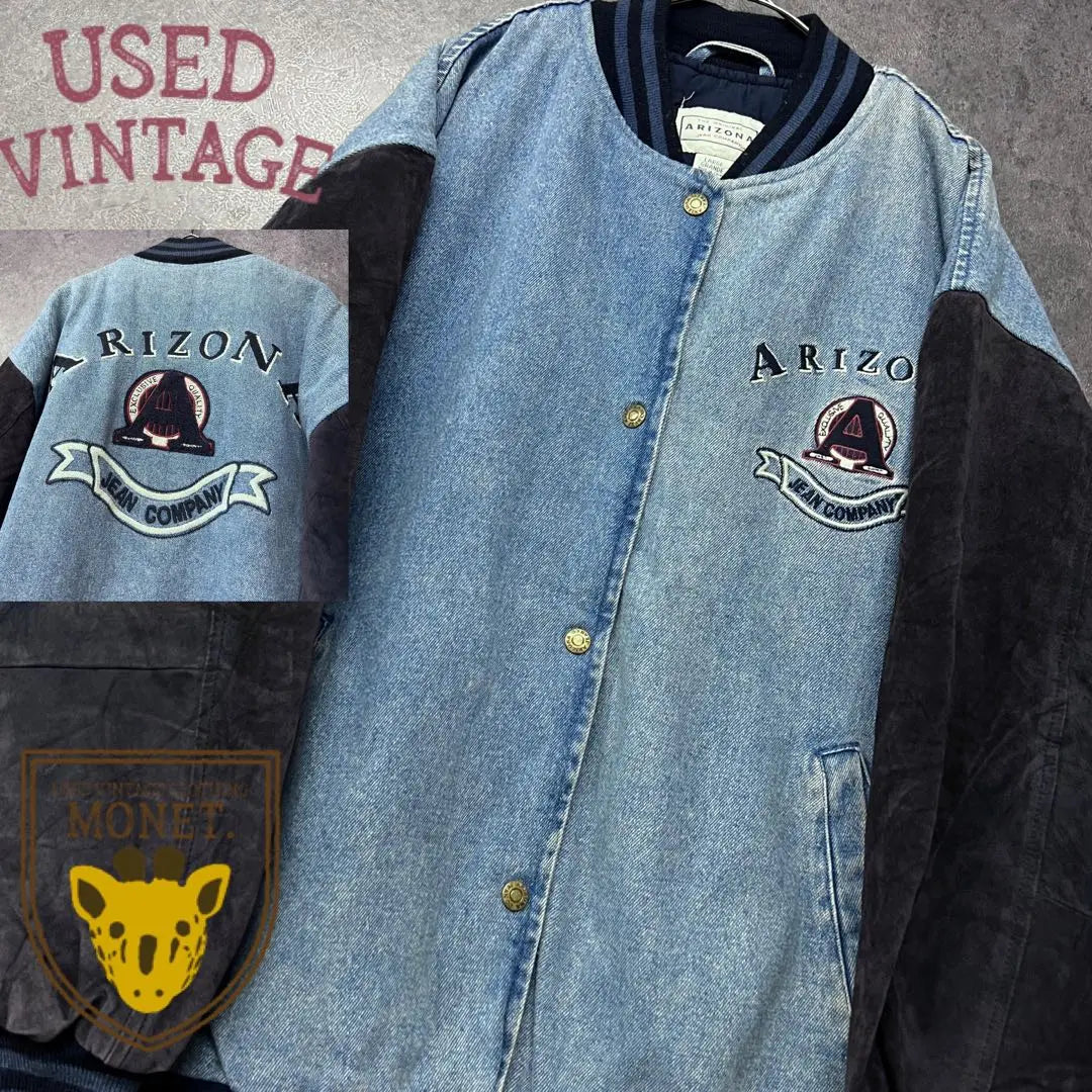 US used clothing [Denim suede suede varsity jacket/blouson embroidered logo] Men's XL