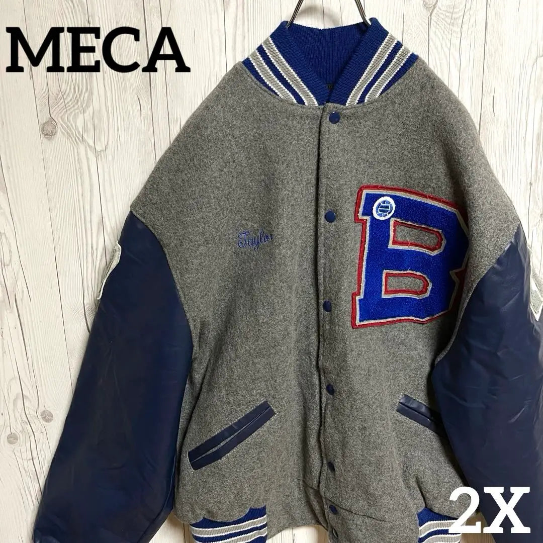 MECA Stadium Wool Jacket Men 2X Gray Blouson Embroidery | Meca スタジャン ウールジャケット メンズ2X グレー青　ブルゾン　刺繍古着