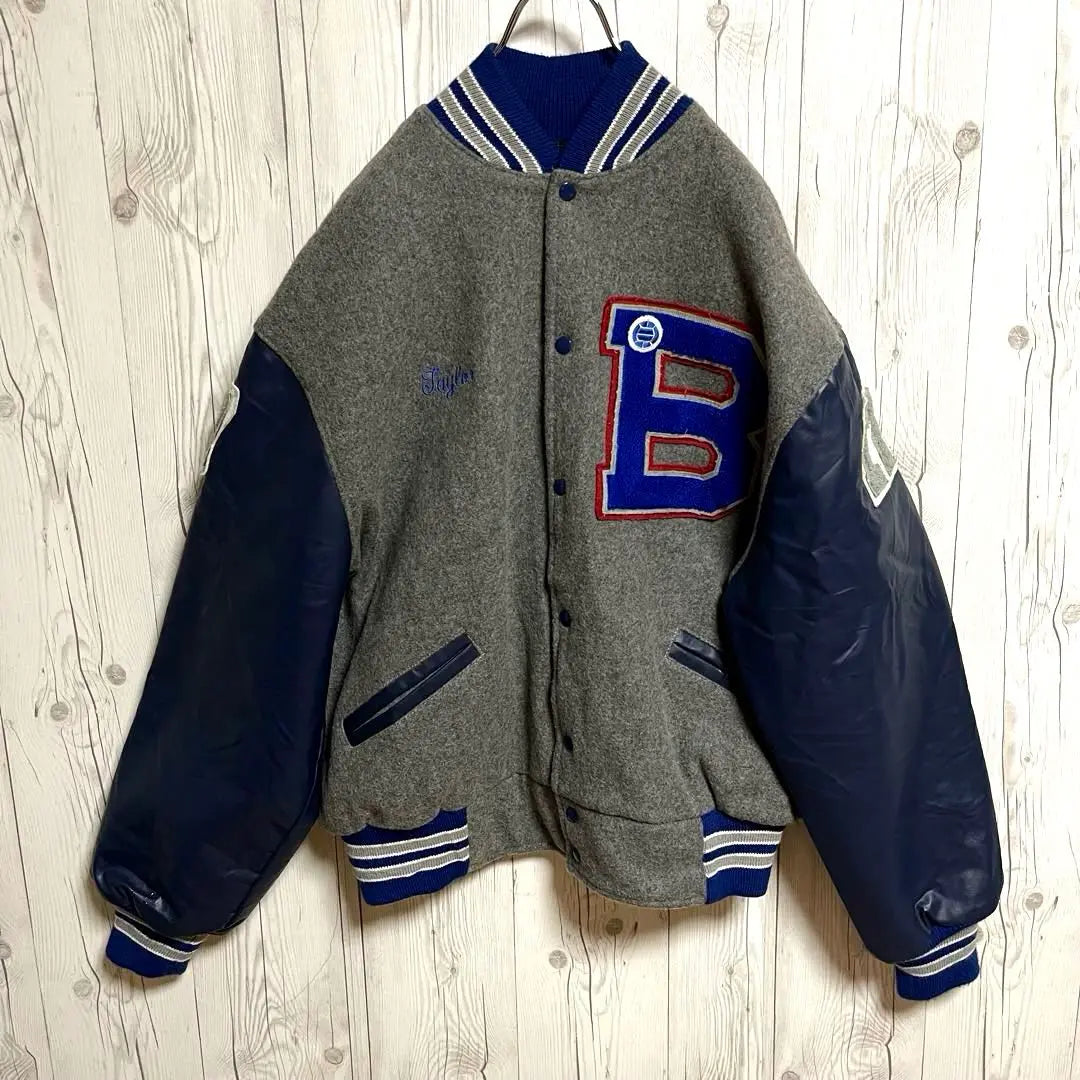 MECA Stadium Chaqueta De Lana Hombre 2X Gris Cazadora Con Bordado | Meca スタジャン ウールジャケット メンズ2X グレー青 ブルゾン 刺繍古着