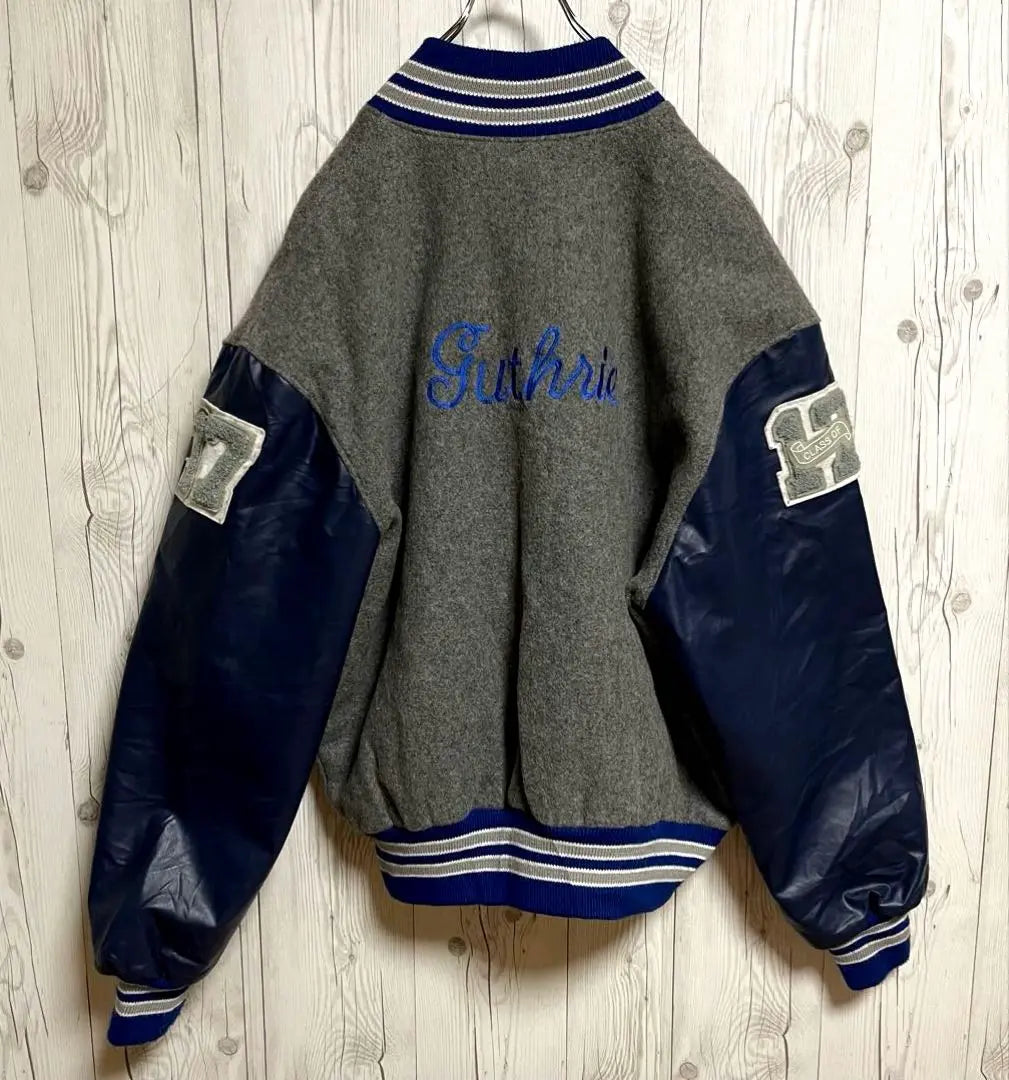 MECA Stadium Chaqueta De Lana Hombre 2X Gris Cazadora Con Bordado | Meca スタジャン ウールジャケット メンズ2X グレー青 ブルゾン 刺繍古着