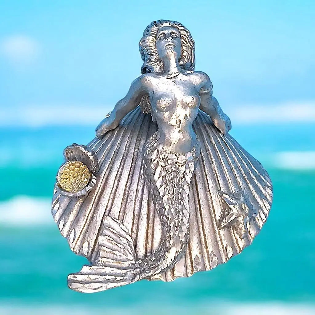 Silver human fish figurine mermaid on shell Oyster pearl | シルバー 人魚置物  マーメイド オン 貝殻 オイスター パール