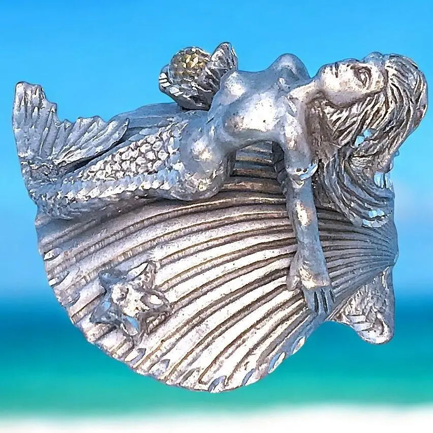 Silver human fish figurine mermaid on shell Oyster pearl | シルバー 人魚置物  マーメイド オン 貝殻 オイスター パール